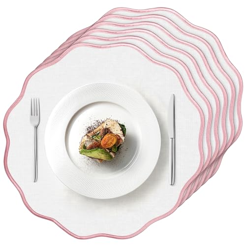 Set of 6 Scallop Linen Placemats, 15 Inch Pink and White Round Placemats Cotton Linen Table Mats Handcrafted Machine Washable Wrinkle Free Dining Placemat for Hotel Restaurant Kitchen by ElasignShopo - Used condition - US$23.99