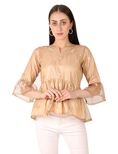 Image of UNFAKENOW Women Trendy Indo Western Casual wear Stylish Going Out Peplum Cotton top Ladies Floral Print Ruffled Plus Size Party net Tunic Long Bell Sleeve Pleated Fancy Nice top