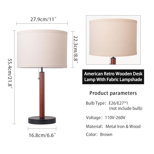 Mid Century Table Lamp,Walnut Wood Finish Table Lamps, Modern Mid Pull Chain Switch Bedside Lamps for Night Stands, Desk Lamp for Beding Room,Living Room,Reading Lamp with E26 Base,Linen LampShade - Image 4