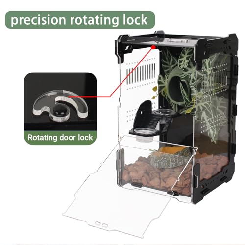 Image of Jumping Spider Enclosure - 3mm Black Transparent Acrylic Terrarium for Tarantulas, Mantises & Frogs, 11.8x5.9x5.9 Inch Mechanical Frame Habitat with Magnetic Feeding Hole & Rotating Lock