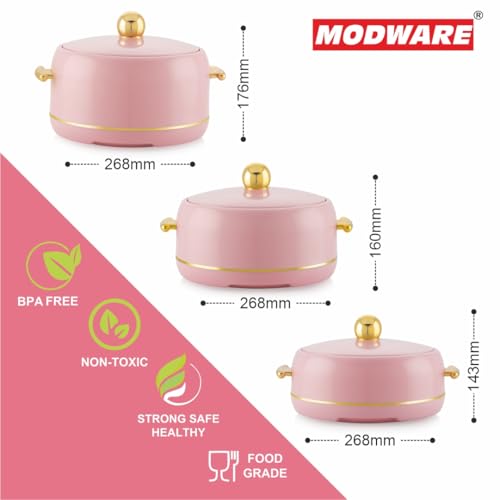 Image of Modware Atlantis Casserole Set of 3-1500ml /2000ml /2500ml Elegant Design Premium Hot Pot, Retains Temperature for Hours, Insulated Inner Steel Casserole for Roti Hot Box for Home Chapati Box (Pink)