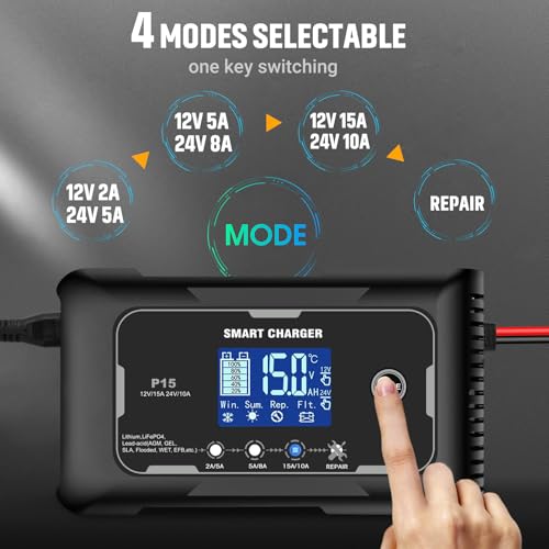 Image of HTRC 15A Car Battery Charger 12V /24V for AGM, Gel, EFB, LiFePO4 Batteries