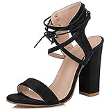  Minetom Sandalen Damen Riemchen Sandaletten 10 cm Party Blockabsatz High Heels Schuhe Elegante Abendschuhe Übergröße Mode Shoes Sommer Schwarz EU 37
