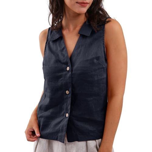 Amazhiyu Women's 100% Linen Summer Sleeveless Button-Down Tops Slight Crop Vest