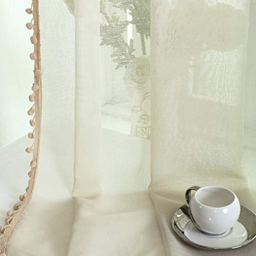 Miss Selectex Linen Look Pom Pom Tasseled Sheer Curtains - Rod Pocket Voile Semi-Sheer Curtains For Living And Bedroom, Set Of 2 Curtain Panels (52 X 84 Inch, Nature) #TOP5