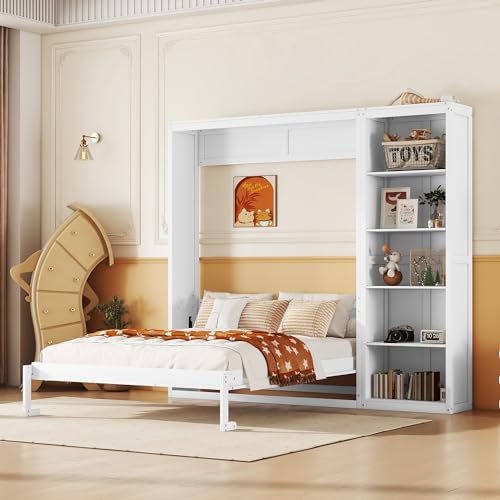 Image of Merax Space-Saving White Murphy Bed Full Size with Adjustable Storage Shelves, Multifunctional Foldable Wall Bed for Small Spaces Studio Study Office Guest Room