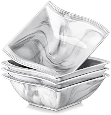 MALACASA Soup Cereal Bowls 30oz Set of 4 for Kitchen, Ceramic Square Bowl Set for Cooking, Large Serving Bowls, Marble Grey Bowls for Salad Pasta Dessert, Anti-chip, Dishwasher Safe, Series Flora