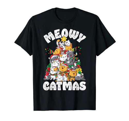 Meowy Catmas Cat Christmas Tree Xmas Girls Boys Funny Santa Maglietta
