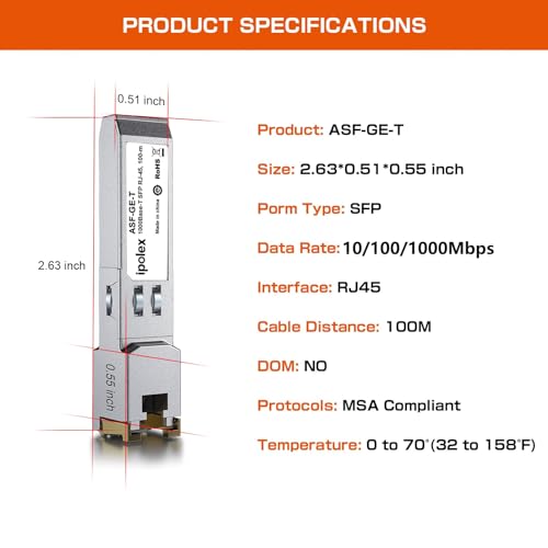 Image of ipolex 10 /100 /1000BASE-T Copper SFP to RJ45 Transceiver, Auto-Negotiation Gigabit Mini-GBIC RJ45 SFP Module, Compatible with Cisco GLC-T(10 /100 /1000), SFP-GE-T(10 /100 /1000Mbps), up to 100M Over Cat5e