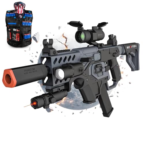 SOFITEN Toy Gun Automatic Sniper Rifle with Tactical Vest Kit, Scope Toy Foam Blaster Dart Toys with 120 Darts IR and Flashlight Shooting Outdoor Activity Game Birthday Xmas Gift for Kids Age 8+