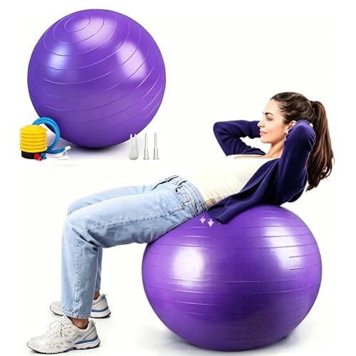 Image of Yoga Exercise Ball, 25in /65cm-Balance Pregnancy Ball with Pump for Stability、Fitness, Heavy Duty Swiss Ball for Pilates, Muscle Training in Gym /Home /Rehabilitation