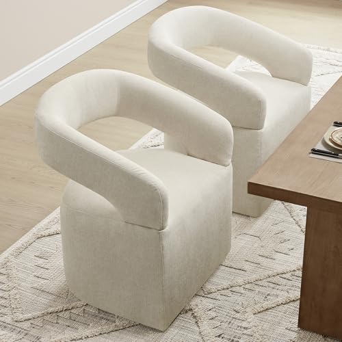 Image of KISLOT Upholstered Dining Chairs with Casters, Modern Barrel Side Armchair with Rollers for Dining Room, Bedroom, Kitchen, Reading Room, Cream Beige, Set of 2