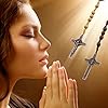 Catholic Cross Rosary Necklace, Natural Wood Prayer Beads with Medal Cross Jesus Christ Saint Benedict, for Catholic Christians Religious Communion, Baptism, Mass, Bible #3