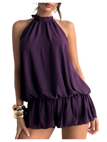 Floerns Women's Y2k Summer Halter Dress Tie Open Back Sleeveless Ruffle Hem Bubble Going Out Mini Dresses Purple Small