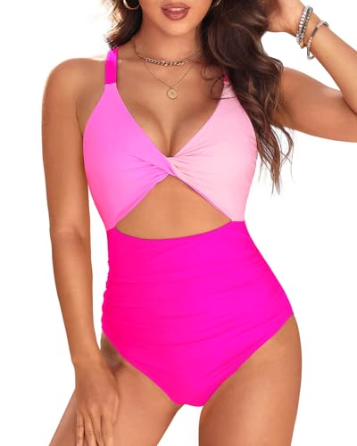 Image of Tempt Me Women One Piece Swimsuits Tummy Control Cutout Bathing Suits Ruched V Neck Twist Front Swimwear