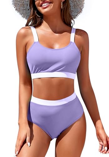 Image of Womens High Waisted Bikini Sets Sporty Crop Top Color Block Swimwear Bandeau Scoop Neck Vintage Two Piece Bathing Suits