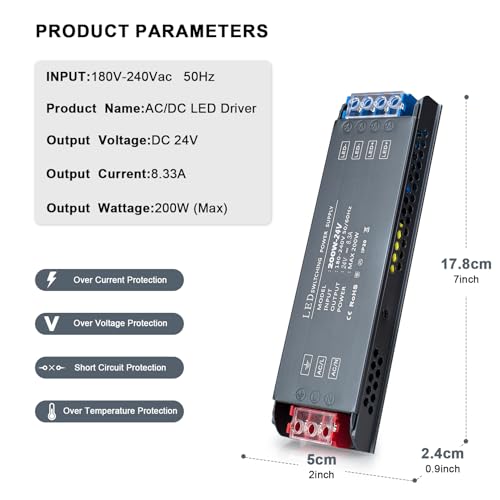Image of QNNP LED Driver 200 Watts 24V Low Voltage Transformer Power Supply Transformer Adapter AC 100V-265V to 24V DC, LED Power Supply for Indoor Lighting