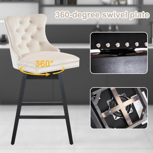 Image of Beige Swivel Bar Stools, Velvet Counter Height Bar Stools Set of 4
