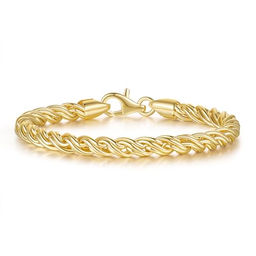 14K Gold Bracelets for Women Non Tarnish Braided Gold Chain Charm Bracelet Gift for Womens Men Hypoallergenic 5 Sizes 6.5'' 7” 7.5” 8” 8.5”