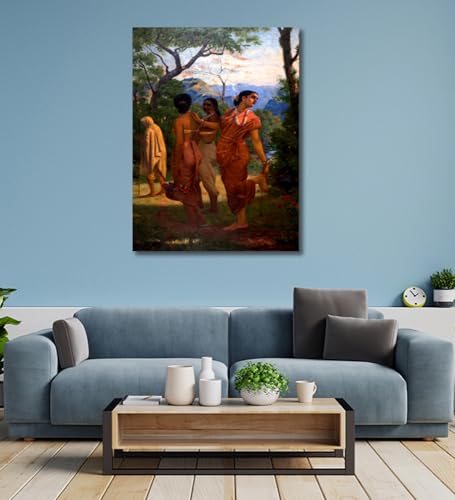 Image of Sikhash Classic Famous Indian Art /Shakuntala Love Art, Unframed Oil Painting on Cotton Canvas, Multicolor, 35x26 inches, Living Room Wall Decor