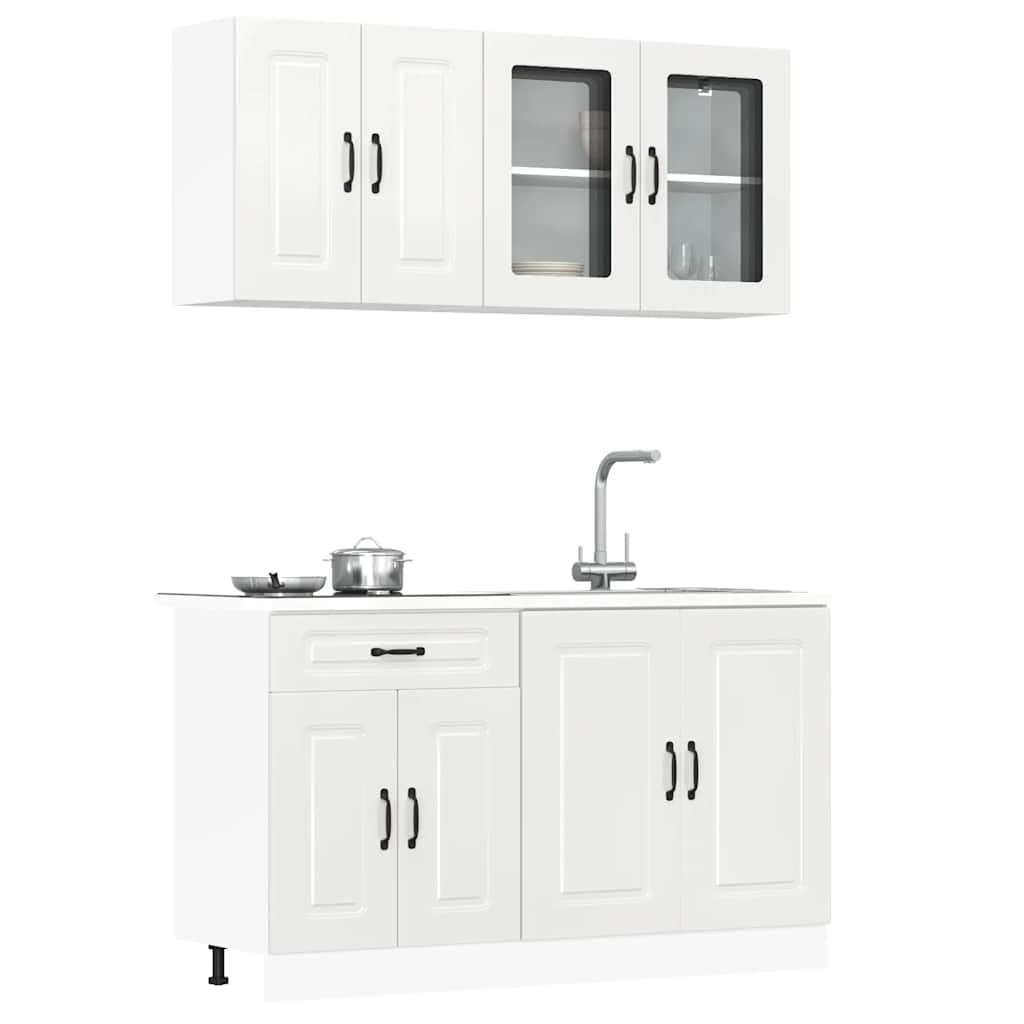 Kalmar - Set di mobili da cucina in legno bianco lucido, 4 pezzi, con vano portaoggetti, pensili, vetrine per cucina, dispensa, sala da pranzo, piano di lavoro, microonde, credenza