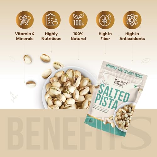 Image of KitchenSmith Salted Roasted Pista - Pack of 2 (250gm Each) | California Pistachios, Pista Dry Fruit, Tasty & Healthy Inshell Pistas| High In Protein | Gluten Free (With Shell, Air Tight Pouch)
