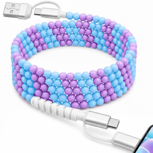 Image of 4-in-1 Beaded Charging Cable, MFi Certified, Works with CarPlay, 6.6FT 60W Fast Charger Cord for iPhone 17 /16 /15 /14 /13 /12 /11, iPad, Samsung, Android and More (Lavender Sky)