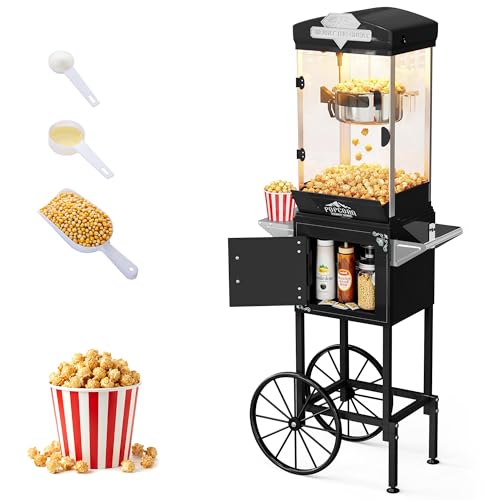 Image of Popcorn Machine, 10 Oz Vintage Popcorn Machine Cart with Wheels, Professional Movie Theater Style Popcorn Popper Makes Up to 40 Cups, Popcorn Maker Machine for Home & Commercial (Onyx Black)