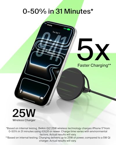 Image of Belkin Qi2 25W Magnetic Wireless Charging Pad, Fast Charging, No Adapter | MagSafe compatible, iPhone 17 Series, Samsung Galaxy, Pixel 10, AirPods Pro, kickstand, travel charger