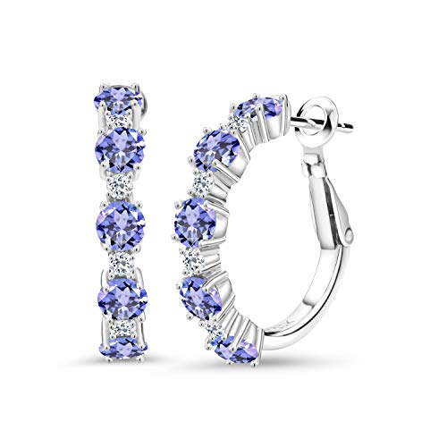 Gem Stone King 925 Sterling Silver Blue Tanzanite and White Topaz Huggies Hoop Earrings For Women (3.32 Cttw, Round 4MM and 1.9MM, Gemstone Birthstone)