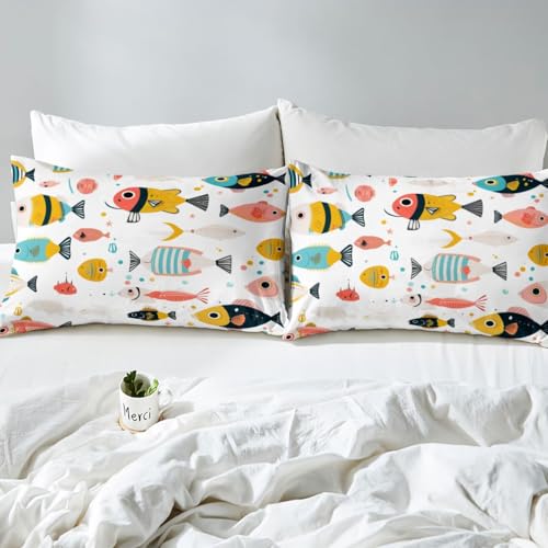 Image of jejeloiu Fish Bed Sheets Set Full Size Ocean Sea Animal Deep Pocket Fitted Sheet Colorful Bedding Sets Marine Theme Soft Bed Set 4Pcs with 2 Pillow Cases
