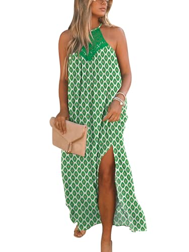 Image of FARORO Sleeveless Long Dress for Women Boho Halter Maxi Sundress Casual Loose Dresses Split Cover Up Gown with Pockets