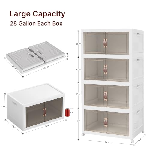 Image of Stackable Storage Bins with Lids, 440QT Lockable Storage Cabinet | Closet Organizers, Foldable Storage Box with Doors and Wheels, Plastic Drawers for Home, Garage, Office (4, White, Plus)