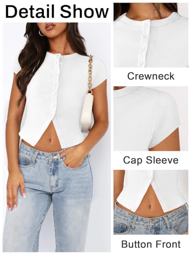 Women's Button Down Shirt Cap Sleeve Tops for Women Button Up Ribbed Knit Slim Fit Casual Y2K Crop Going Out Top4