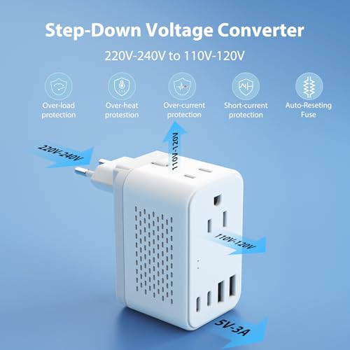 2000W 220V to 110V Voltage Converter US to Europe, Power Converter with Type C, A, G, I Plugs, 2 USB C & 2 USB A Ports, European Travel Converter for Hair Dryer, Curling Iron, Straightener, Chargers2
