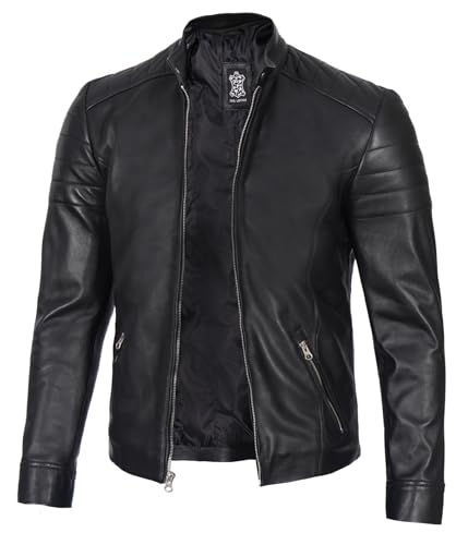 Image of Blingsoul Stylish Black & Brown Cafe Racer Leather Jacket For Men - Real Lambskin Leather Motorcycle Jacket Mens