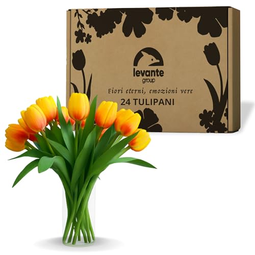 levante group – Tulipani Finti Realistici in Lattice Arancione – 24 pz in Box Regalo – Fiori Artificiali per Casa, Ufficio, Eventi