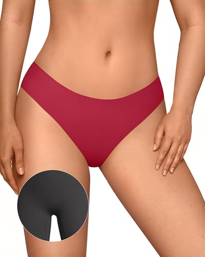 Image of OEAK Seamless Thongs for Women Invisible Thongs No Show Thong Panty Liners Tangas Comfortable Workout G-Strings Underwear Wine Red XL