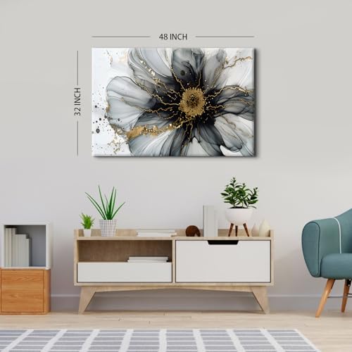 Image of AREBOLO Large Black and White Abstract Wall Art for Bedroom Above Bed Picture, Marble Flower Wall Decor Watercolor Fluid Glitter Texture Ink Prints Painting Poster Modern Artwork Decorations 32x48 inch