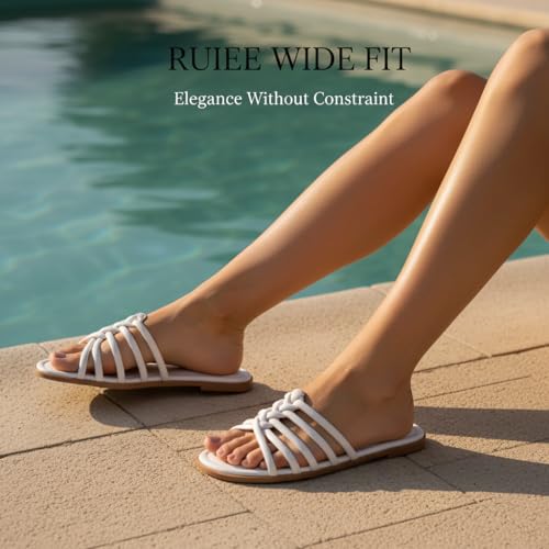 Image of Ruiee Wide Width Sandals for Women, Summer Flat Slides Casual Braided Wide Feet Sandal Comfort Slip on Sandals Open Toe Beach Shoes for Women.