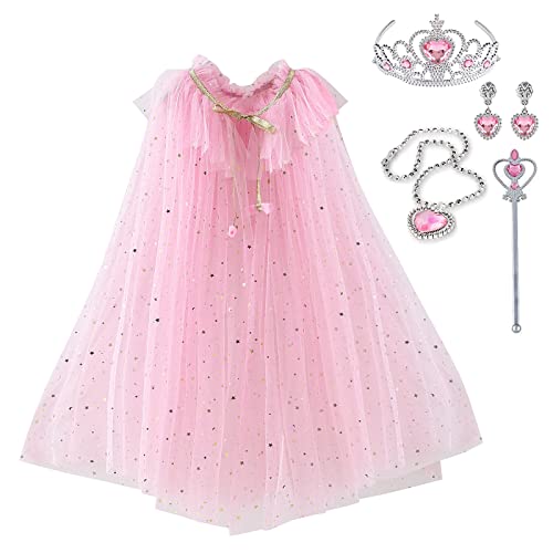 skyllc Cape de princesse paillettes en tulle pour enfants filles, avec des boucles d'oreilles collier couronne baguette magique(rose)
