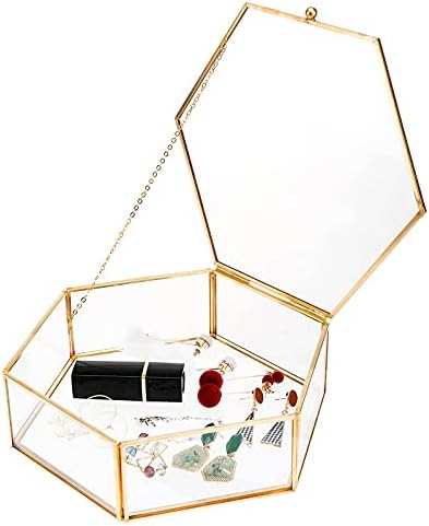Hexagon Gold Vintage Jewelery Glass Box,Large Hexagon Display Glass Lidded Box, Gift Organizer Holder for Keepsake Case Bracelet Rings, Earrings, Necklaces, Wedding and Home Decor