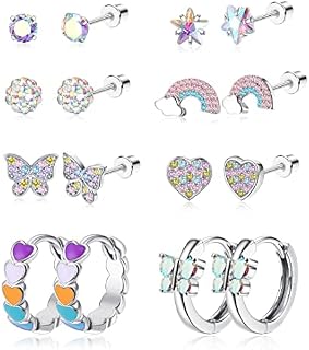 YADOCA 8 Pairs Girls Earrings for Women Kids 316L Stainless Steel Hypoallergenic Screw Back Earrings Cubic Zirconia Hoop Earrings Pearl Heart Flower Butterfly Stud Earrings Set