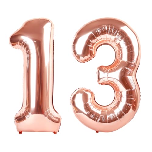 Image of Number Balloons Rose Gold 13 Balloon 40 inch for 13 31 Birthday Decorations | Saturated Color, Large 40 in, With Straw & Hanging Hole, For Back-to-School Season, Wedding, Christmas, New Year, Anniversary