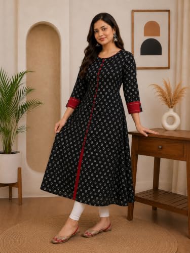 Image of Yash Gallery Women's Cotton Relaxed Fit Anarkali Plus Size Printed Kurta