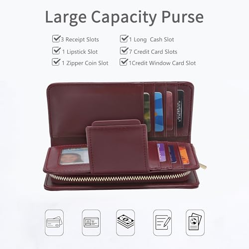 Small Wallet for Women Rfid Blocking Leather Bifold Compact Wallet Credit Card Holder Ladies Wristlet Wallet Mini Purse with Big Zipper Pocket (Wine)2