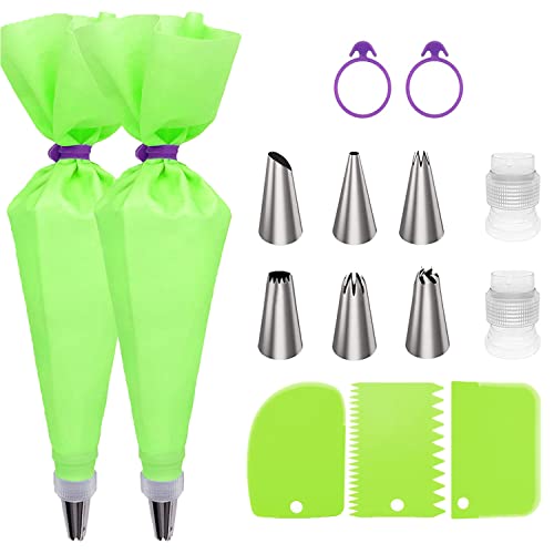 Reusable Piping Bags and Tips set- 15pcs Bake Cake Decorating Kit with 2 Silicone Icing Pastry Bags,6 Stainless Steel Frosting Tips,2 Icing Piping Bags Ties,2Couplers,3Cake Scraper (Green)