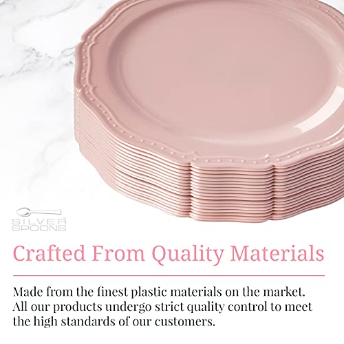 SILVER SPOONS Vintage Embossed Plastic Dessert Plates for Party (20 PC) Heavy Duty Disposable Dinner Set 7.5\", Fine China Look Dishes, Perfect for Baby Showers, Celebrations & Events. - Blush