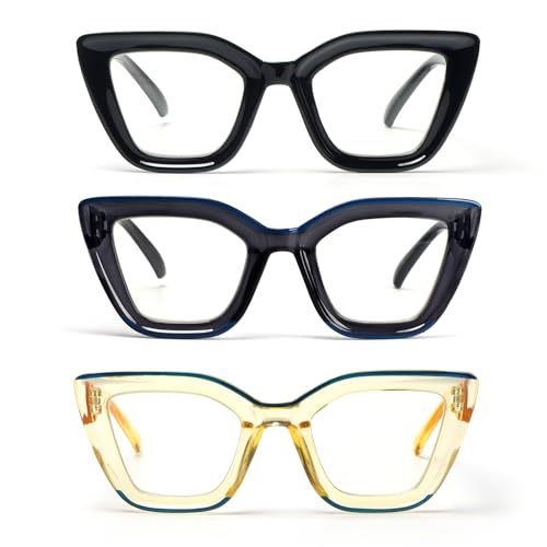 kollyseek 3 Pack Occhiali da lettura Donna Oversize Cat Eye con cerniera a molla Anti Azzurro(1.0, Nero blu giallo)