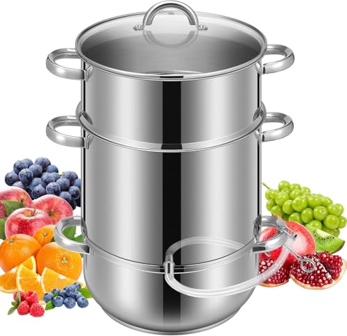 VIVOHOME Extractor de Vapor de Jugo Acero Inoxidable para Frutas y Verduras Olla al Vapor de 10L con Tapa de Cristal 3 Capas 2 Mangueras